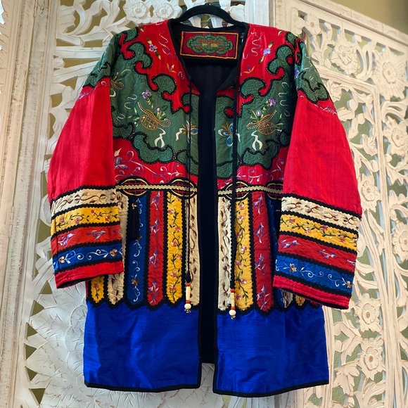 Rare Retro Embroidered Bedazzled Bright Colorful Vintage Silk Kimono Coat Jacket - Picture 11 of 13